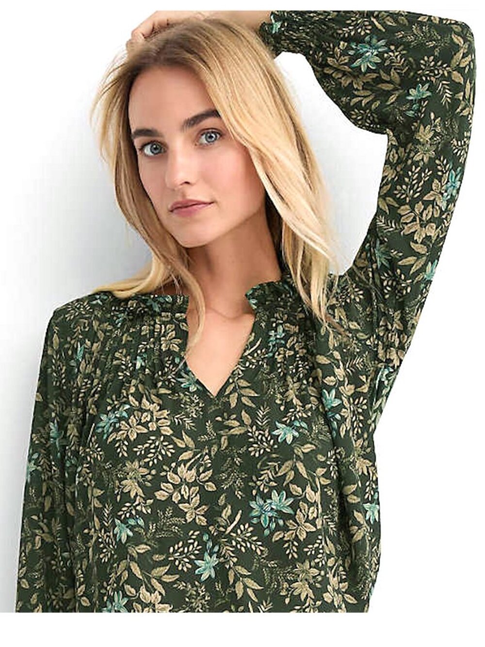 LOFT Petite Garden Pintucked Ruffle Green Floral Blouse Size MP